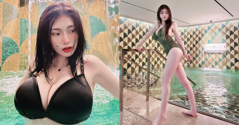 最強奶媽「謝薇安」曬巨乳泳裝照，雙峰塞滿畫面網友驚呼：是籃球嗎