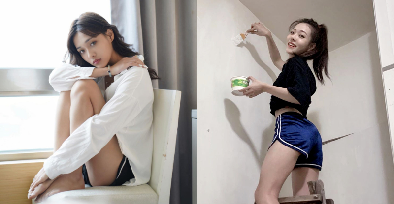 甜美女孩「唐羽玥Yuyue」高踩梯子挺出翹臀，若隱若現的美腿根部讓人想法超大膽！